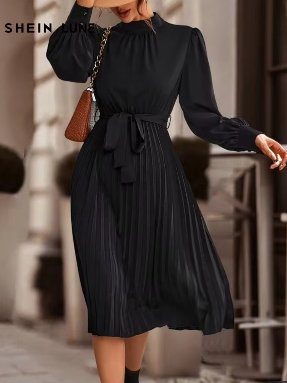 SHEIN Black Pleated Tie-Waist Midi Dress